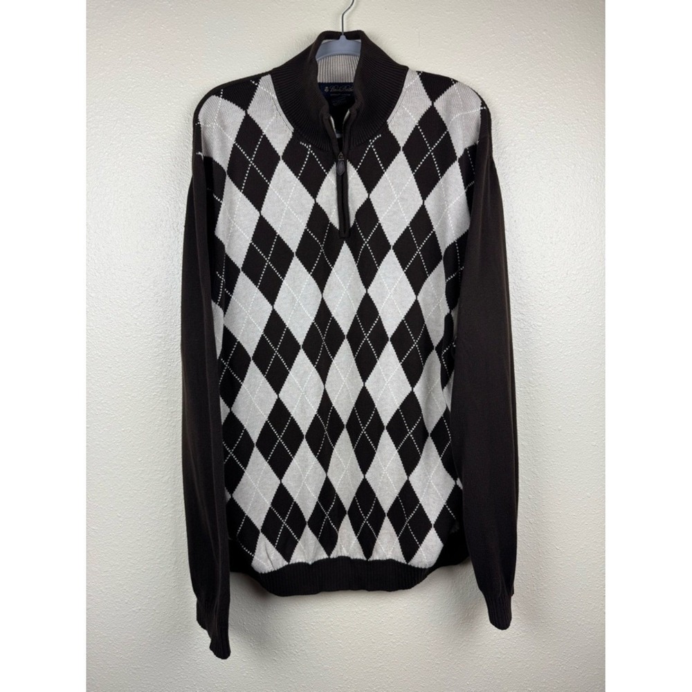 Brooks Brothers Quarter Zip Argyle Sweater XXL Dark Brown Mens Cotton Pullover